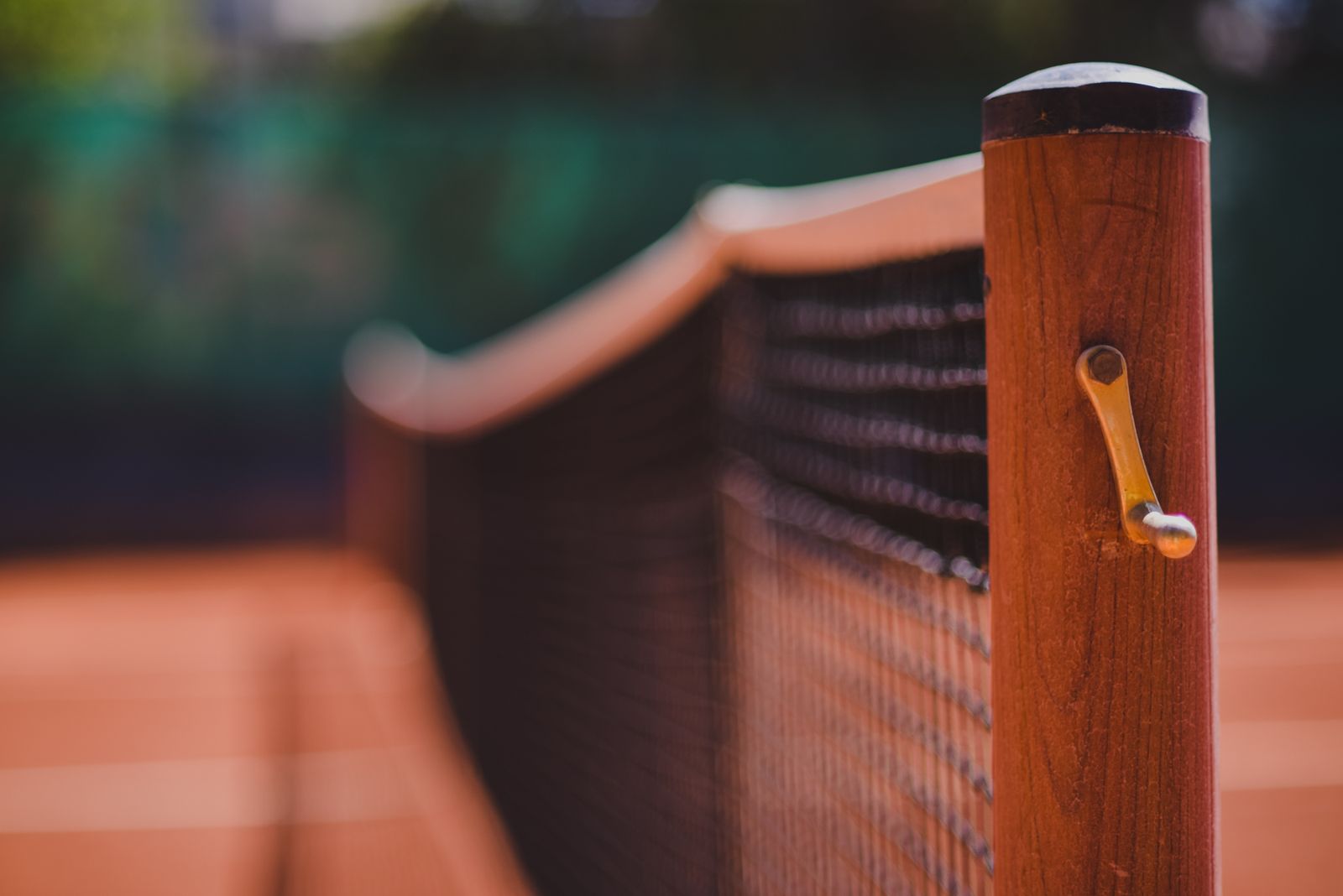 Wooden net post and brass tightener, afternoon light